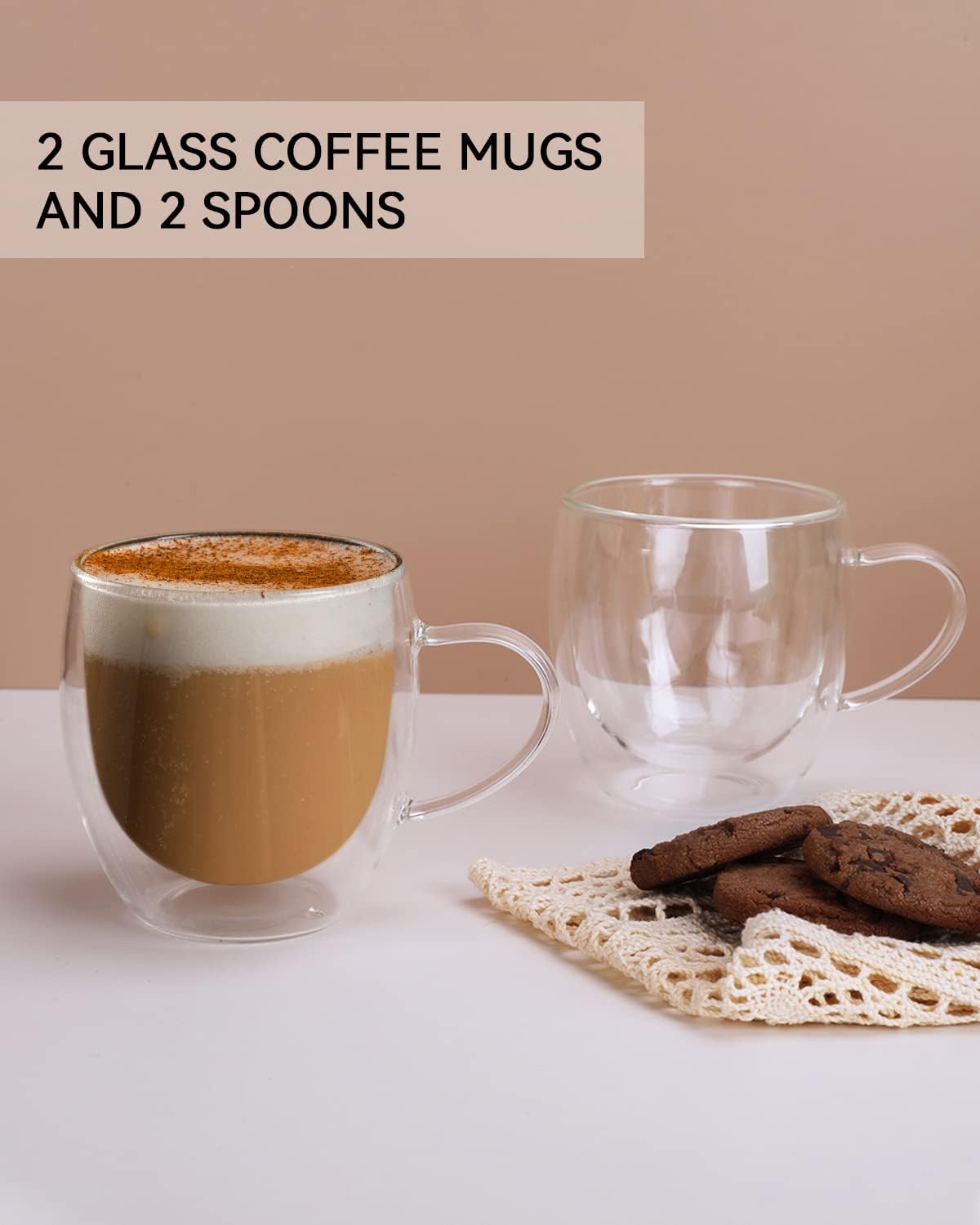 LIBWYS 2 Pack 250ml Double Walled Glass Coffee Mugs with 2 Spoons, Cappuccino Latte Tea Cups with Handle, Heat Resistant Drinking Glasses Cappuccino Cup
