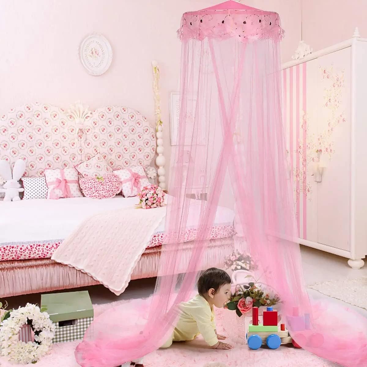 Mosquito Mesh Net Large Dome Hanging Canopy for Girls With Round Lace for Punch-free Installation - Single to Double Bed - Ideal for Bedroom Decorative