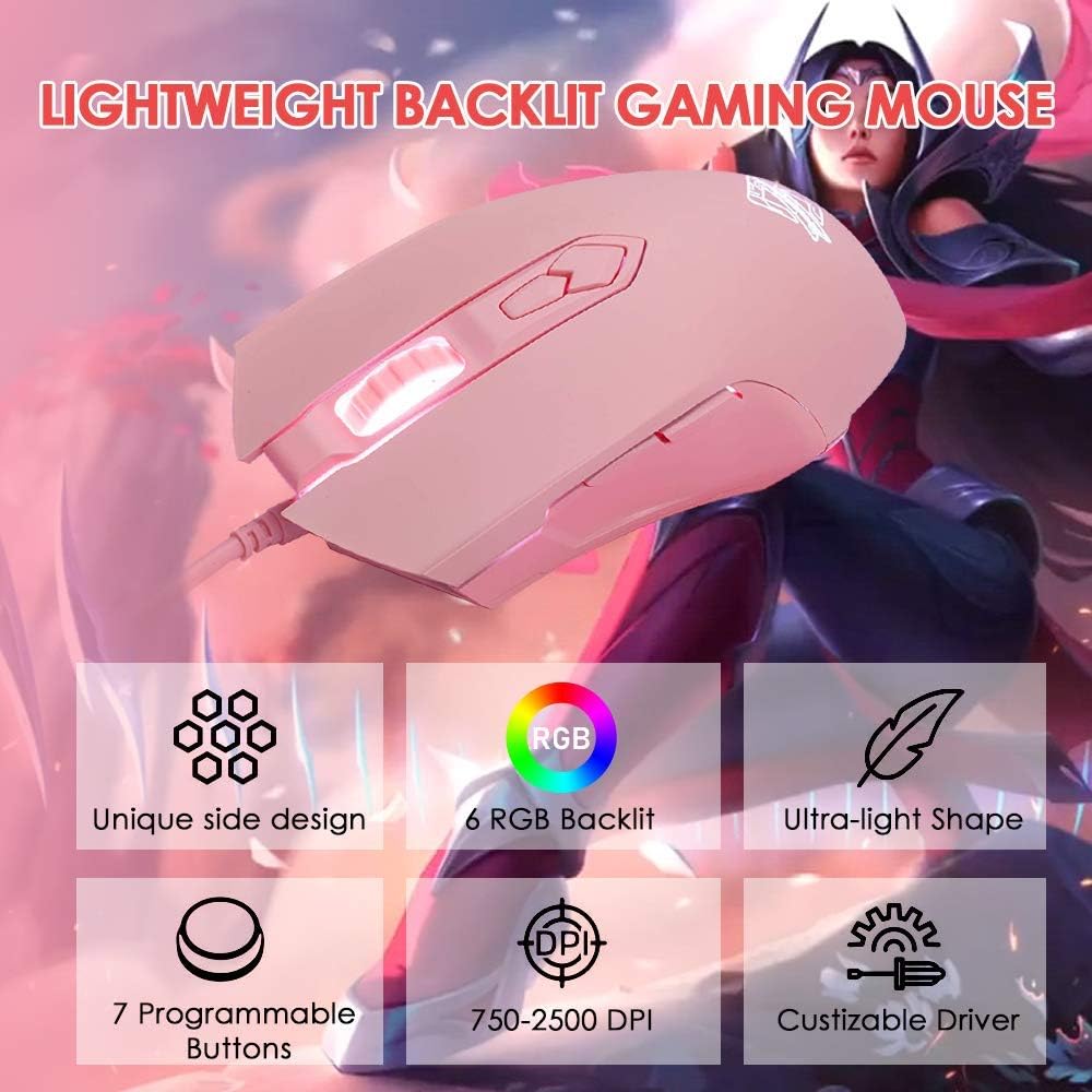 AJ52 Wired RGB Gaming Mouse, 2500 DPI 7 Buttons, Ergonomic LED Backlit USB Gamer Mice Computer Laptop PC, Compatible with XBOX PC Mac OS Linux - Pink