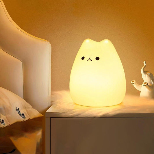Cat Night Light - Kids Nightlight, Squishy Cute Lamp with Timer & 7 Colors, Rechargeable Bedside Lamp for Toddler & Baby
