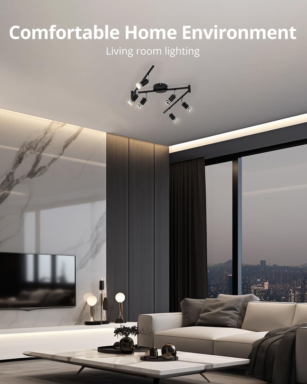 Rotatable Kitchen Ceiling Light, Adjustable Bedroom Spotlights, Black LED Track Lighting, 6 Way Ceiling Lamp Indoor, 6 GU10 Bulbs, 6W 4000K for Livingroom Gym Office
