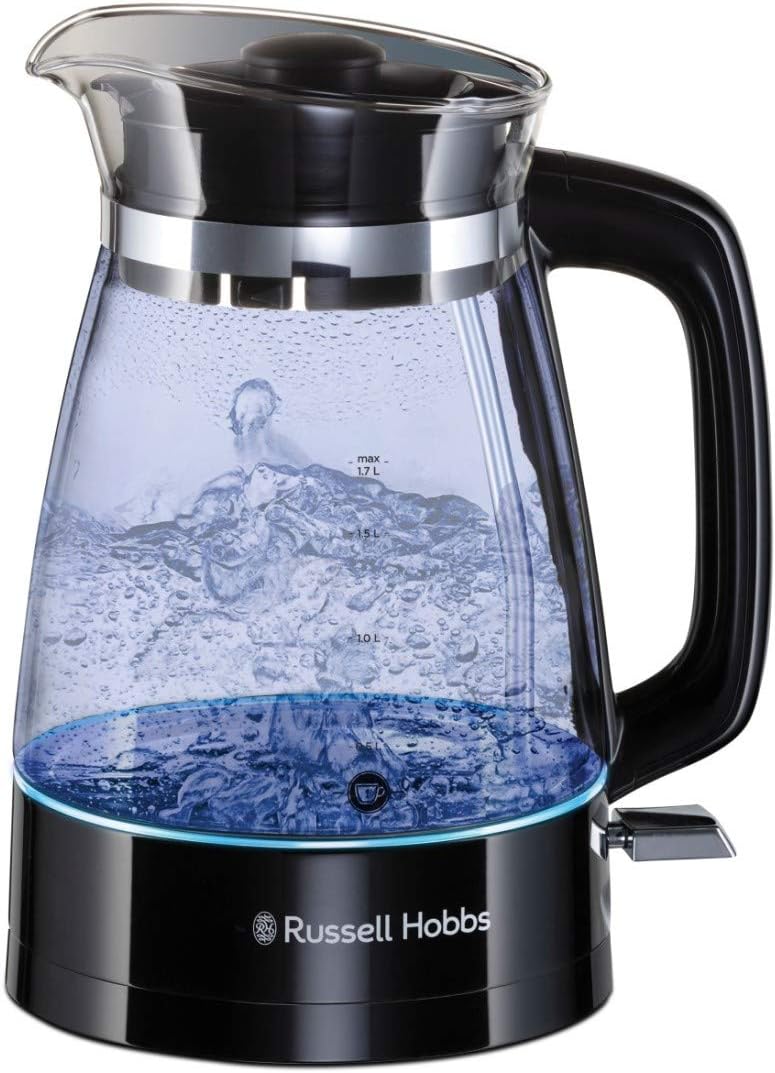 Carafe Style 1.7L Cordless Electric Glass Kettle with black handle, lid & base and blue internal illumination