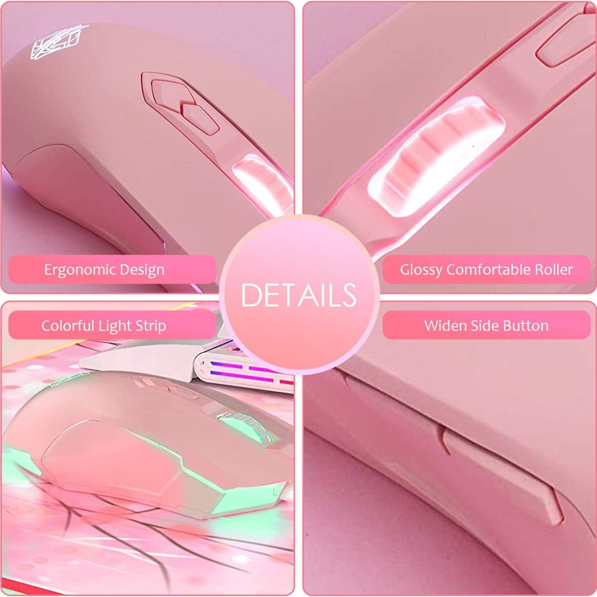 AJ52 Wired RGB Gaming Mouse, 2500 DPI 7 Buttons, Ergonomic LED Backlit USB Gamer Mice Computer Laptop PC, Compatible with XBOX PC Mac OS Linux - Pink