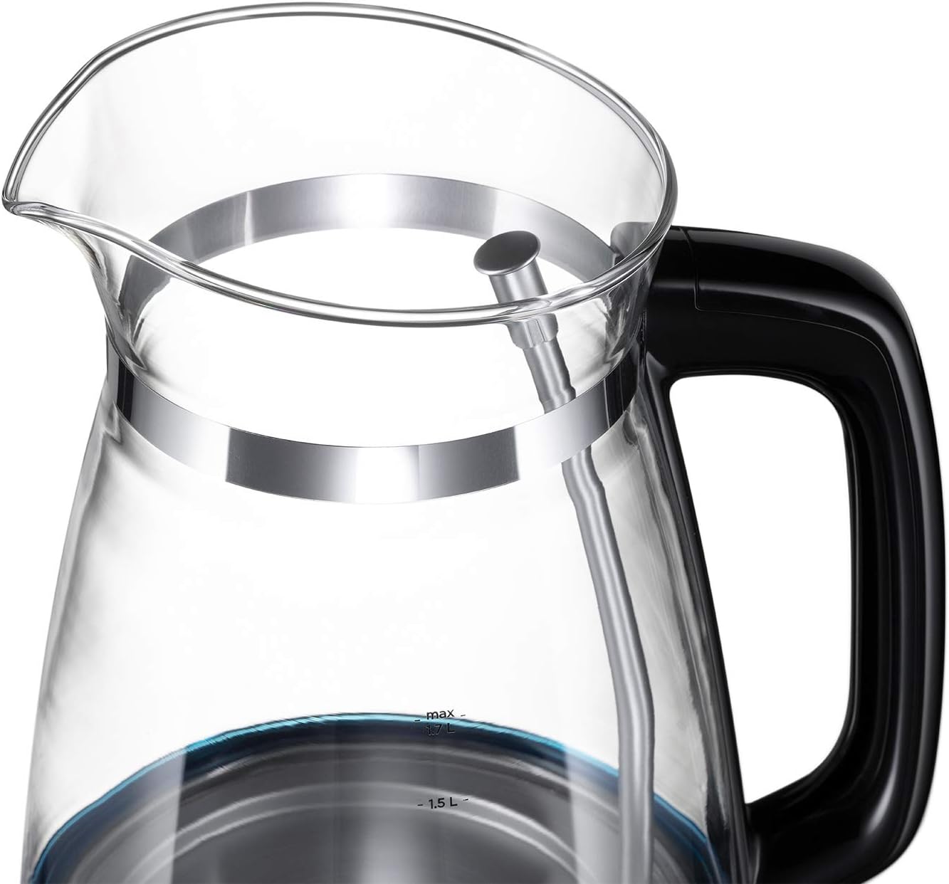 Carafe Style 1.7L Cordless Electric Glass Kettle with black handle, lid & base and blue internal illumination