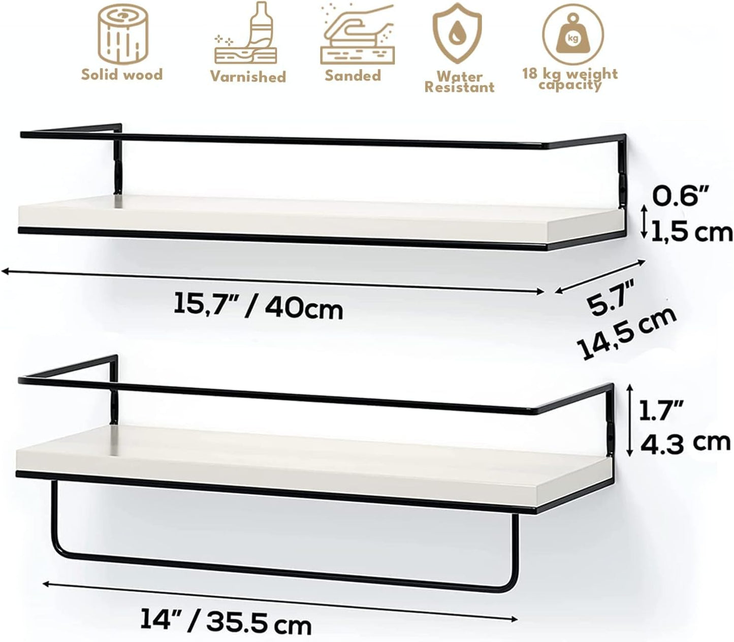 Black Floating Shelves Wall Mounted With 18kg Weight Capacity, Hanging Wall Shelves for Bedroom, Kitchen, Bathroom, Living Room, Home Office, Storage Organiser - Solid Wood Shelf