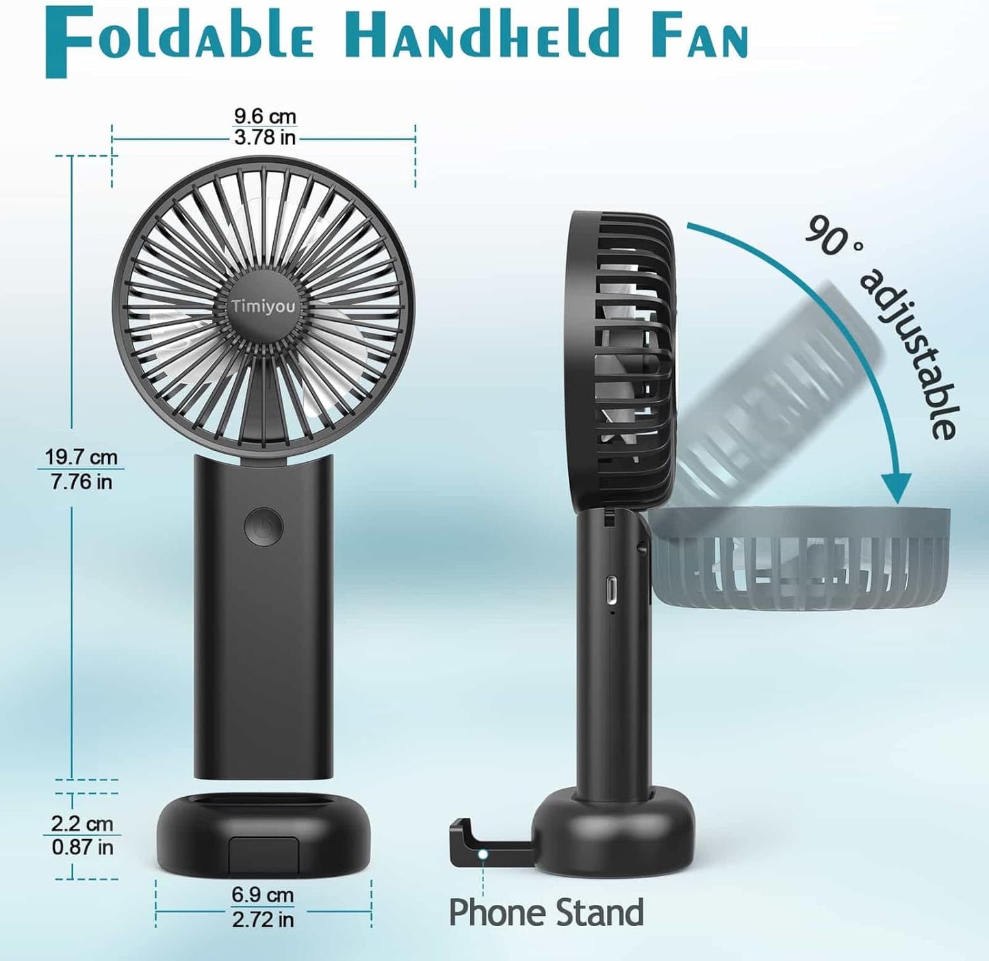 Handheld Fan, Portable Fan with 3 Speed, Mini Hand Held Fans 3000mAh Battery Operated, USB Rechargeable Foldable Desk Fan for Travel Camping Home Office