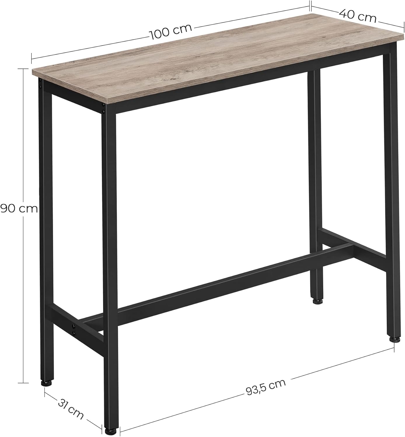 Bar Table, Kitchen Table, Pub Dining High Table, Sturdy Steel Frame, 40 x 100 x 90 cm, Easy Assembly, Industrial Design, Greige and Black LBT010B02