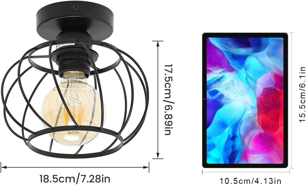 Industrial Ceiling Light Semi Flush Mount Ceiling Light Metal Cage E27 Black Ceiling Lights for Living Room, Hallway, Kitchen, Bedroom, Porch