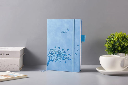 2025 Diary A5 Page a Day with Time, Monthly Overview, Pen Holder, Bookmarks, Back Pocket, Hardcover, Daily Planner, Elastic Closure
