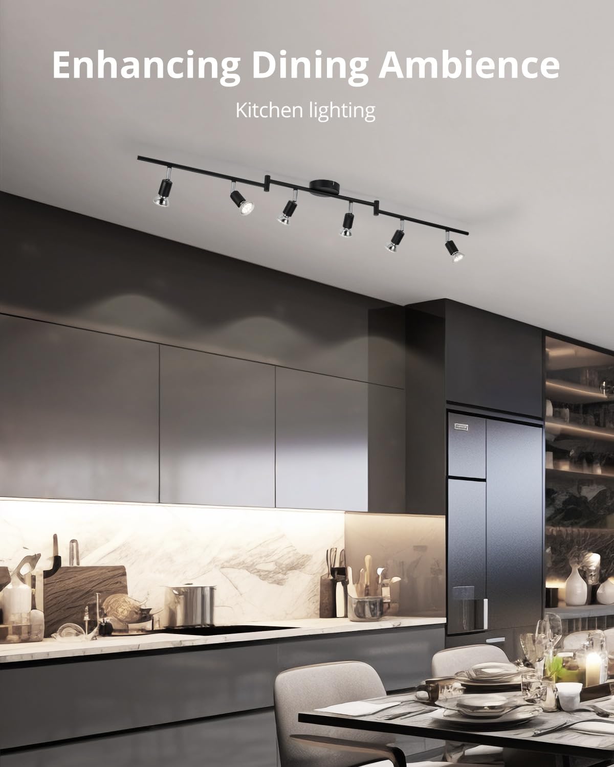 Rotatable Kitchen Ceiling Light, Adjustable Bedroom Spotlights, Black LED Track Lighting, 6 Way Ceiling Lamp Indoor, 6 GU10 Bulbs, 6W 4000K for Livingroom Gym Office