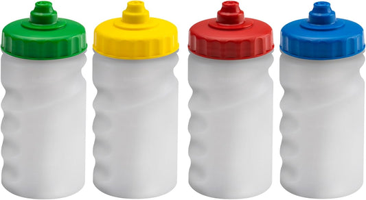 300ml Children's Small Reusable Water Bottles - 4 Pack - Hands Free Lid - Spill Proof - Leakproof Spout - BPA Free - Dishwasher Safe - Sports - School - Clubs (Green Yellow Red Blue)