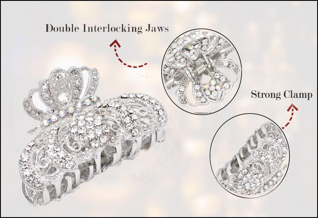 Metal Antique Silver Plated Hair Clips Women, Crystal Rhinestone Hair Claw, Diamante Hair Clamp, Anti Slip Large Claw Clips for Thin & Thick Hair, Hair Styling Accessories Women