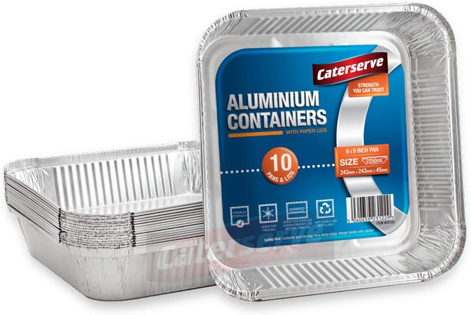 10 Aluminium Foil Trays with Lids - Large Tin Foil Containers with Paper Lids for Roasting, Baking, Broiling, Cooking, Food Storage and Freezing