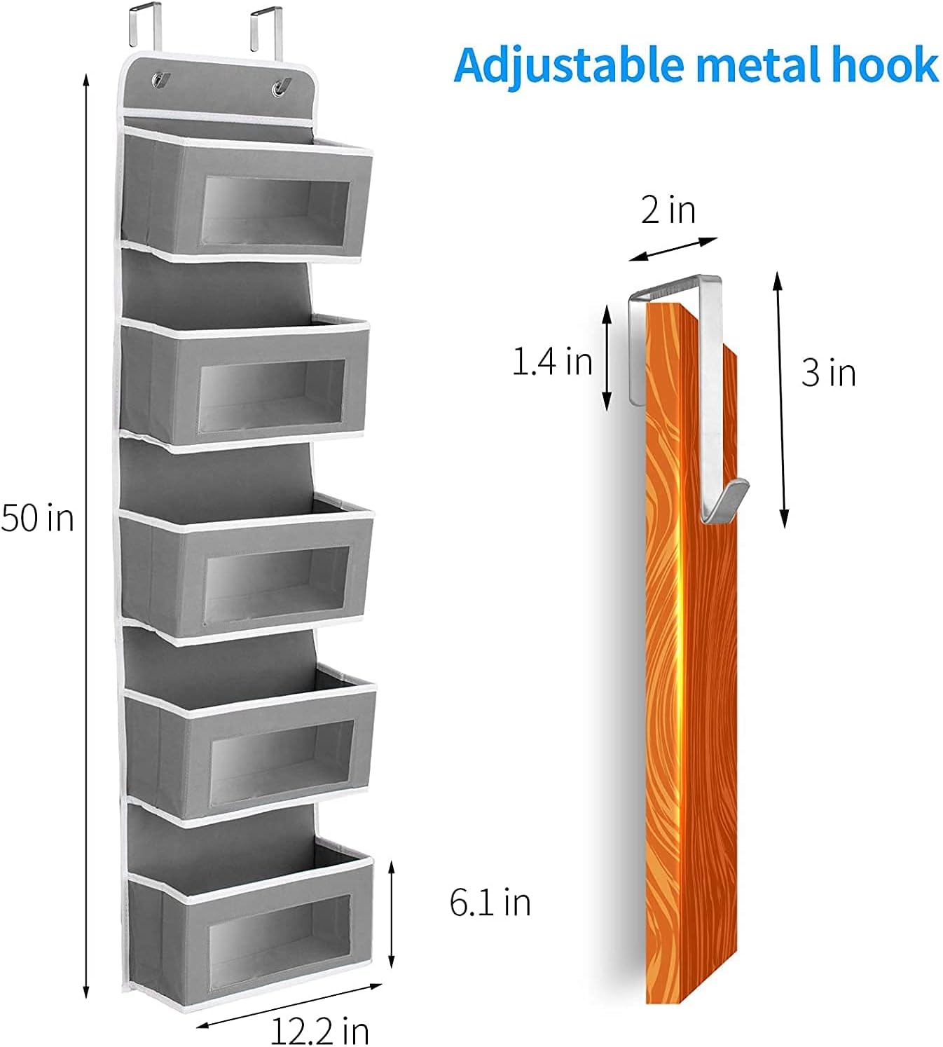 Over Door Storage Hanging Organiser - 5 Clear Window Pockets Organizer For Toys, Wallets And Towels, Grey
