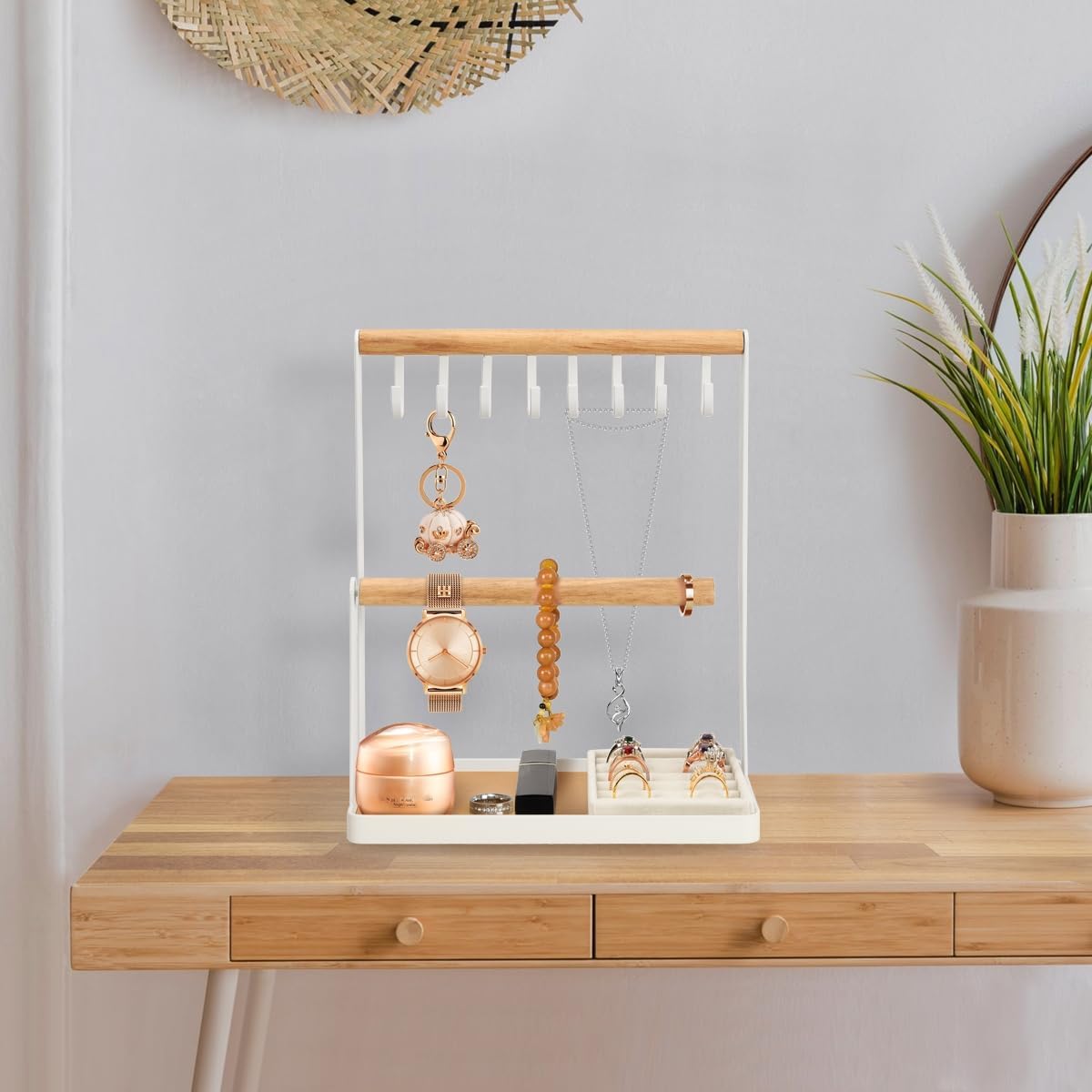 Jewelry Stand Holder, 3-Tier Necklace Hanging Wooden Ring Organizer Earring Tray, 8 Hooks Storage Necklaces, Bracelets, Rings and Watches on Desk Tabletop