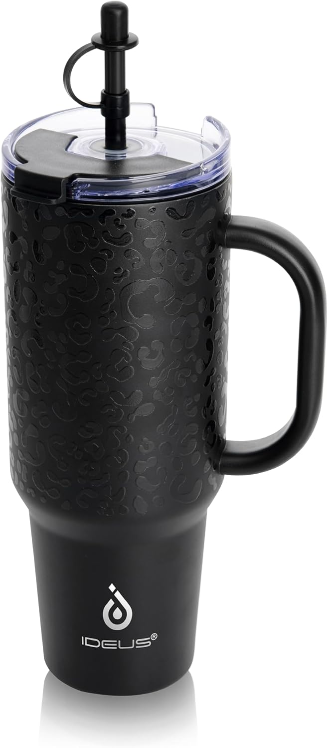 Insulated Tumbler, 40oz Stainless Steel Double Walled Travel Tumbler with Handle and Straw Lid for Cold & Hot Beverages (Black)