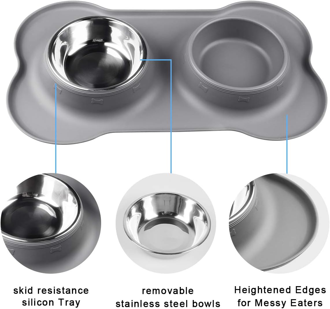 Double Dog Bowls- Stainless Steel 350ml/Bowl Puppy Water and Food Bowl with Non-skid Anti-overflow Silicon Tray Mat for Puppy Dogs, With Pet Food Shovel