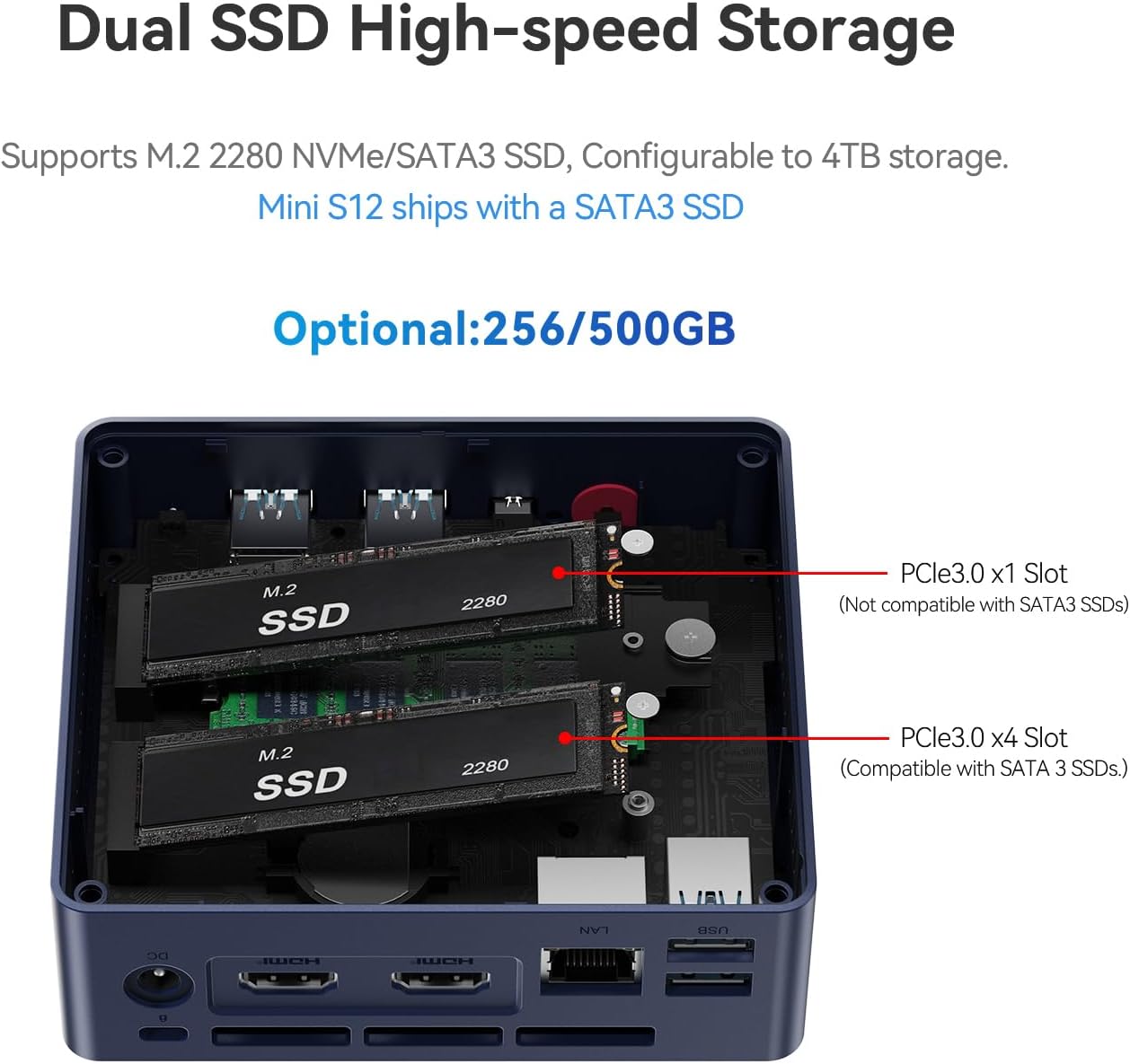 MINI-S12 Pro Mini PC, 12th Gen Intel Alder Lake-N100 Processor (up to 3.4GHz) Mini Computer, 16G RAM 500GB SSD Business Mini Desktop PC
