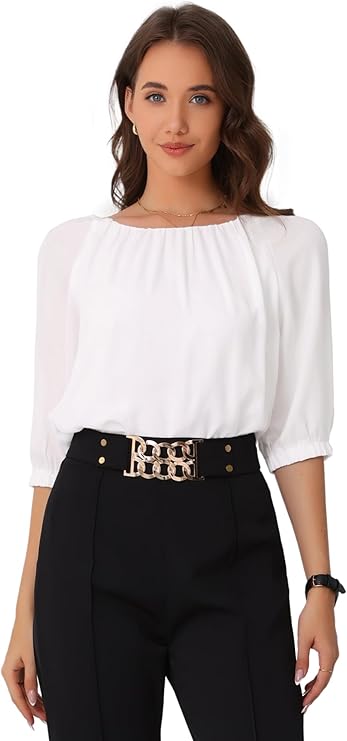 New Work Shirts Women's Office Half Sleeve Crew Neck Casual Tops