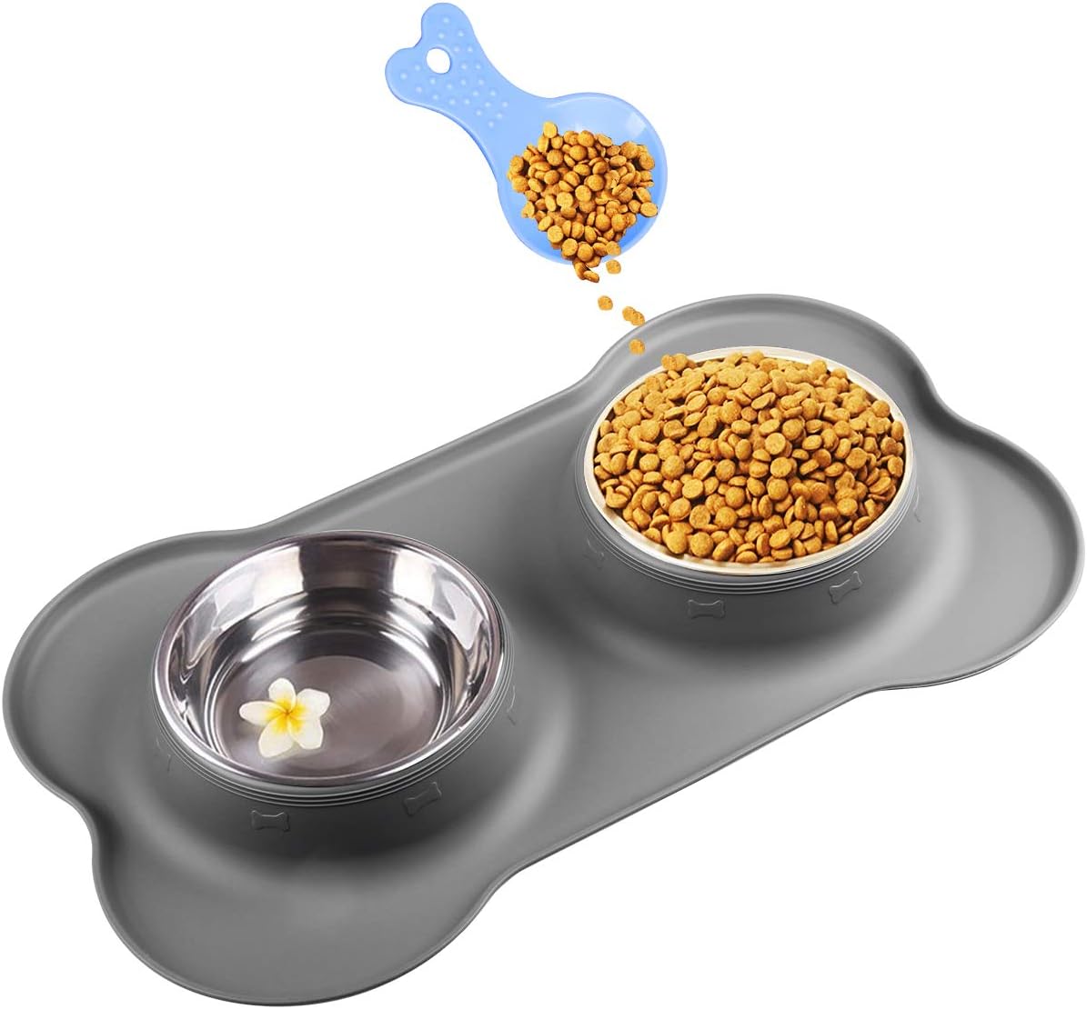 Double Dog Bowls- Stainless Steel 350ml/Bowl Puppy Water and Food Bowl with Non-skid Anti-overflow Silicon Tray Mat for Puppy Dogs, With Pet Food Shovel