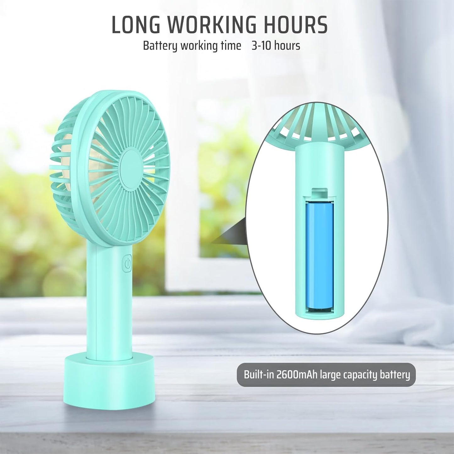 Mini Handheld Portable Fan with USB Rechargeable Battery 2600 mAh, Personal Desk Electric Cooling Fan 3 Speeds with Base, Fit for Home Sport Travel Office Room Table Outdoor School