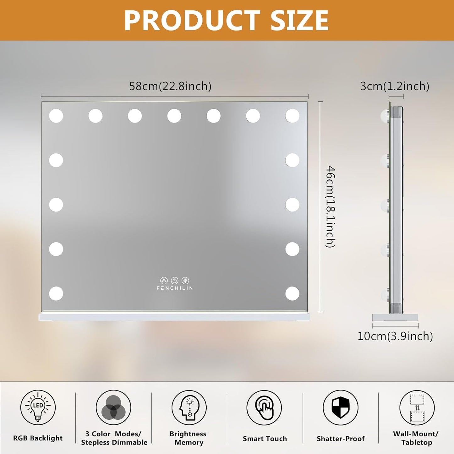 Hollywood Mirror with RGB Backlit 15 LED Vanity Mirror with Lights 3 Lighting Modes Dynamic RGB Backlit Hollywood Vanity Makeup Mirror with Lights Shatterproof for Dressing Table 58x46cm