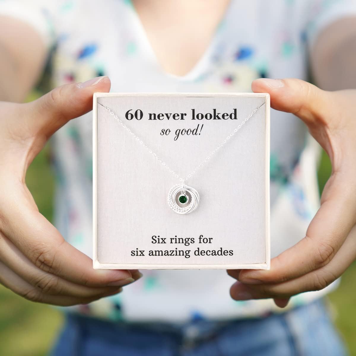 60th Birthday Gifts for Women Jewellery, 925 Sterling Silver Sapphire Birthstone Necklace, Six Rings for Six Decades
