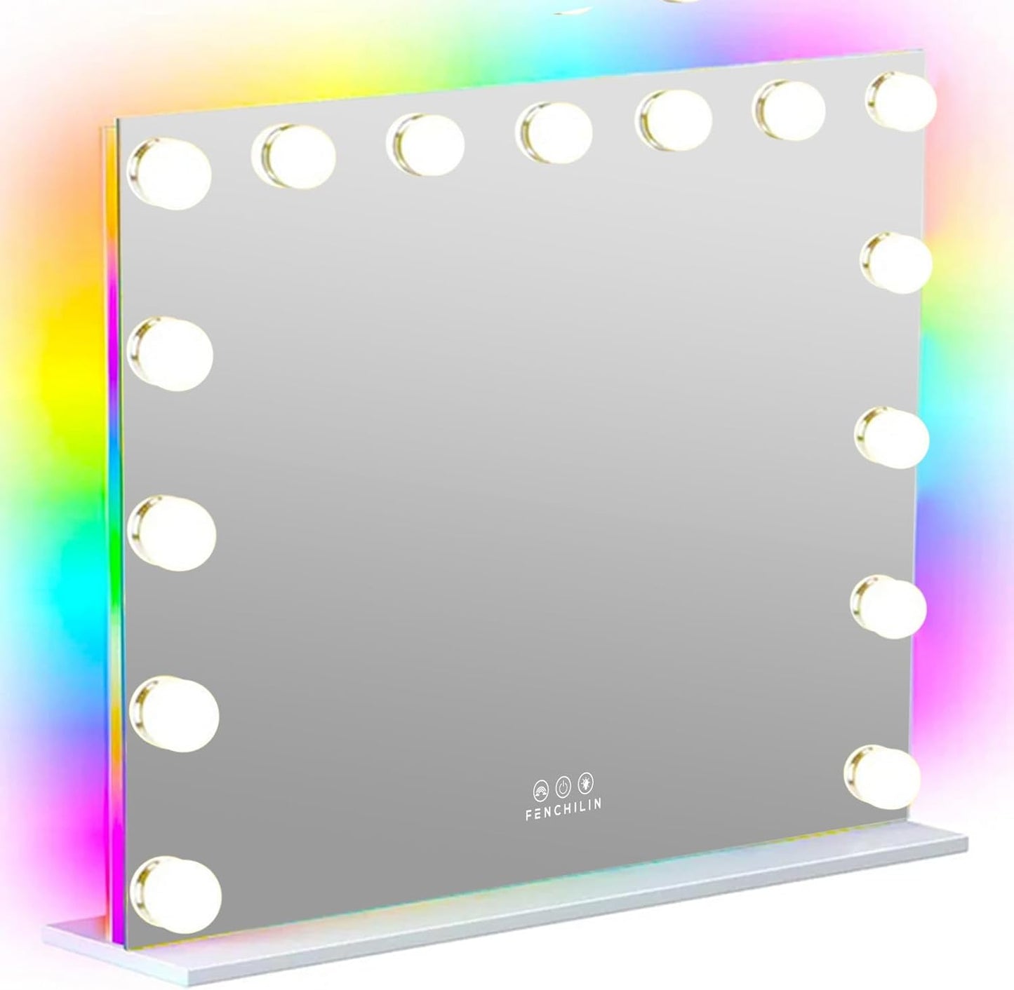 Hollywood Mirror with RGB Backlit 15 LED Vanity Mirror with Lights 3 Lighting Modes Dynamic RGB Backlit Hollywood Vanity Makeup Mirror with Lights Shatterproof for Dressing Table 58x46cm