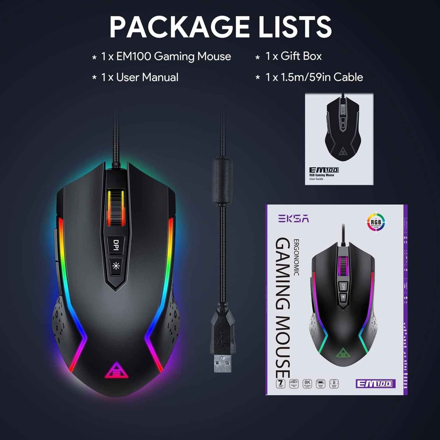 RGB Gaming Mouse Wired, PC Gaming Mice with 8000 DPI, 7 Programmable Buttons, Chroma RGB Backlit, 6 DPI Adjustment Levels Computer Mouse for PC/Mac/Laptop Gamer
