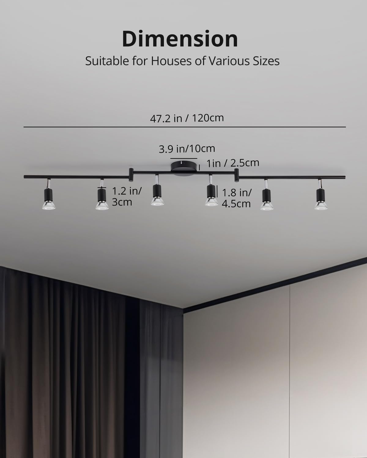 Rotatable Kitchen Ceiling Light, Adjustable Bedroom Spotlights, Black LED Track Lighting, 6 Way Ceiling Lamp Indoor, 6 GU10 Bulbs, 6W 4000K for Livingroom Gym Office