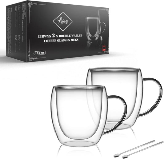 LIBWYS 2 Pack 250ml Double Walled Glass Coffee Mugs with 2 Spoons, Cappuccino Latte Tea Cups with Handle, Heat Resistant Drinking Glasses Cappuccino Cup