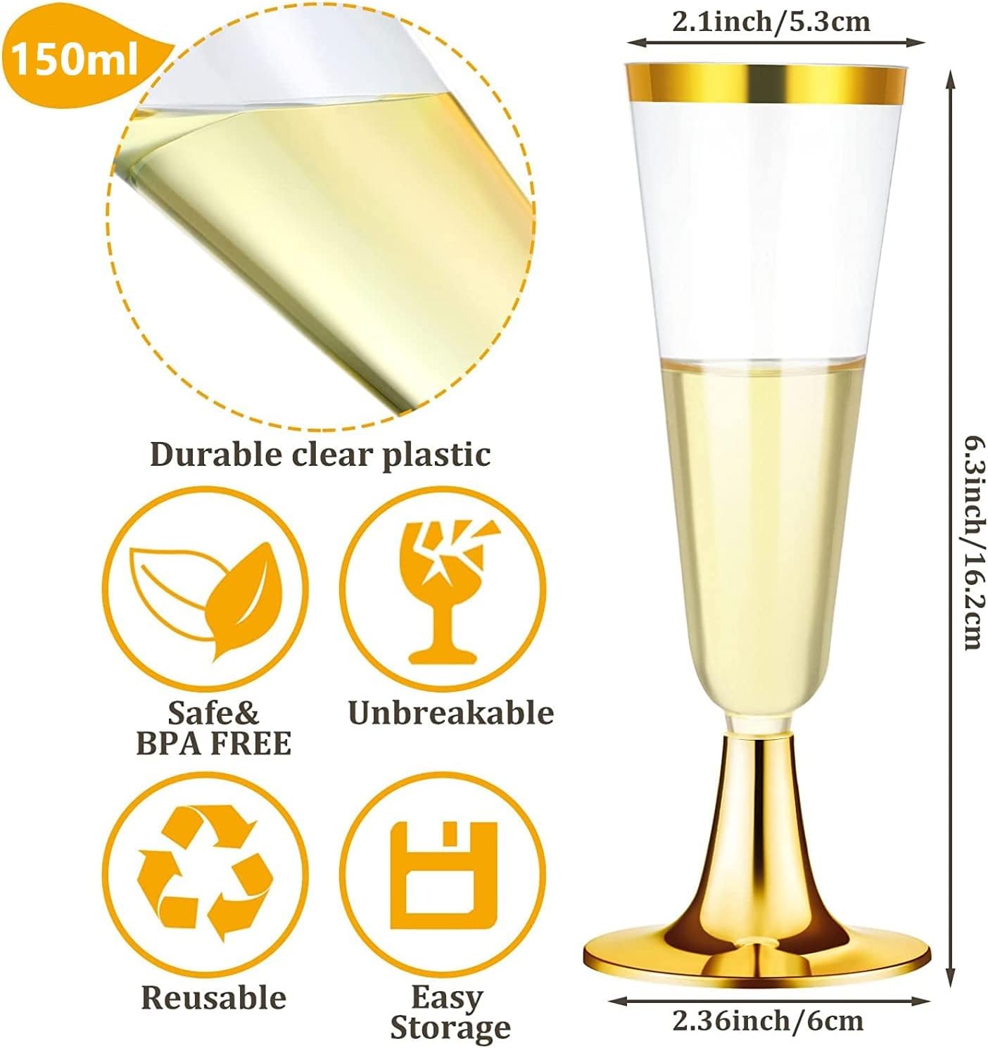 30Pcs Plastic Champagne Flutes, 150ml Gold Champagne Glasses Reusable Stemmed Party Wine Cups for Garden Wedding Anniversary Shower Parties