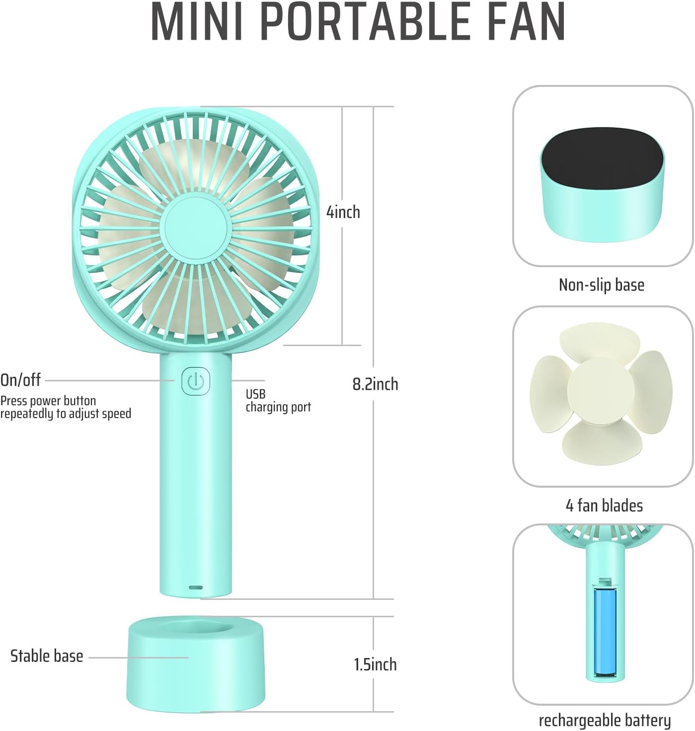 Mini Handheld Portable Fan with USB Rechargeable Battery 2600 mAh, Personal Desk Electric Cooling Fan 3 Speeds with Base, Fit for Home Sport Travel Office Room Table Outdoor School