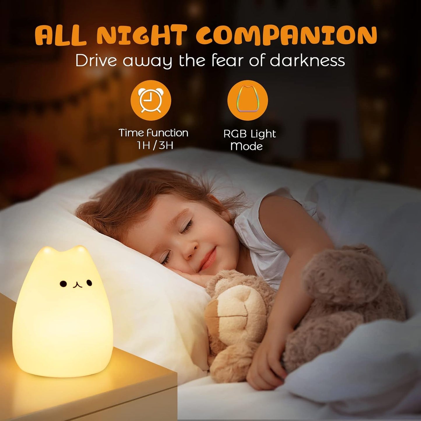 Cat Night Light - Kids Nightlight, Squishy Cute Lamp with Timer & 7 Colors, Rechargeable Bedside Lamp for Toddler & Baby