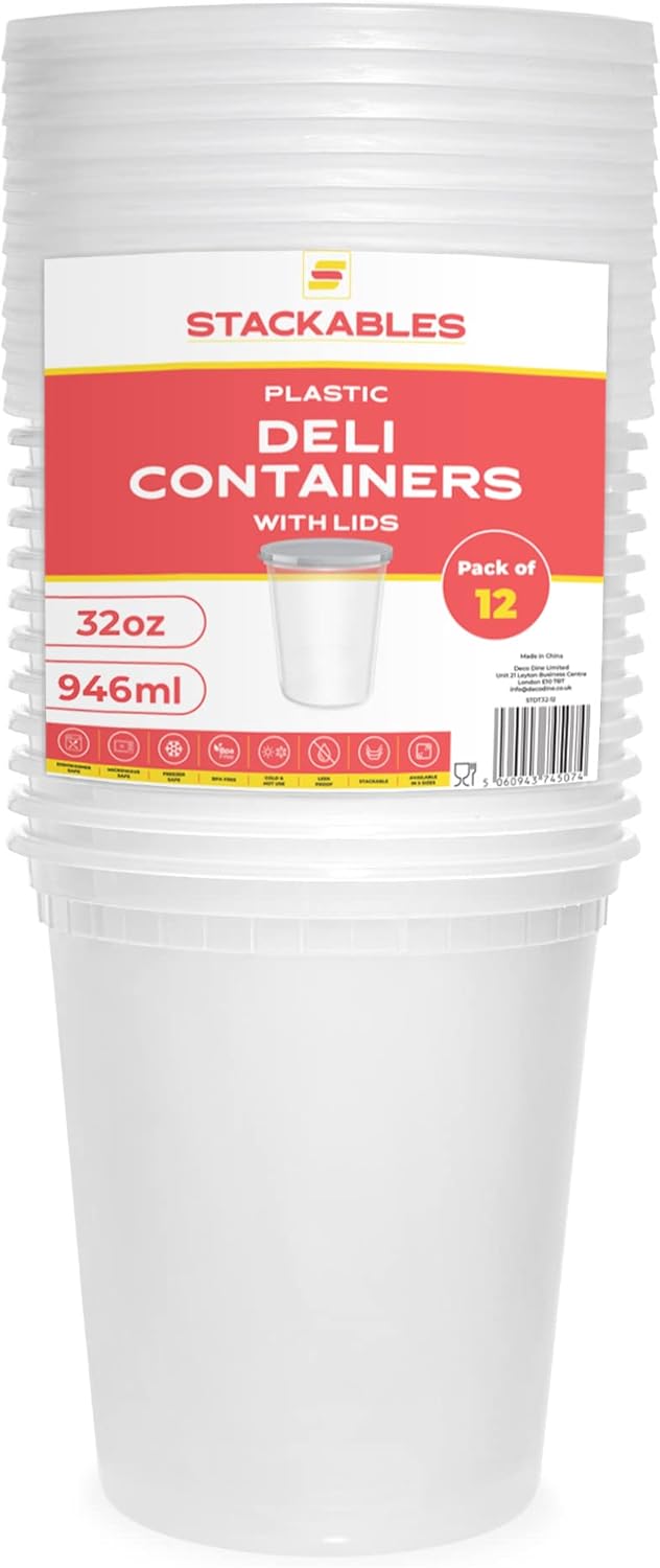 Pack of 20 Round Food Storage Soup Containers Plastic Deli Container Set with Lids Reusable Takeaway Meal - BPA Free