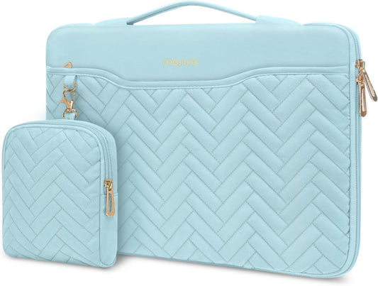 13-14 inch 360 Protective Laptop Case, 13.3 inch Laptop Sleeve Compatible with MacBook Air/Pro 13 13.6/Pro 14, HP, Dell, ASUS, Rectangle Quilted Bag with Handle&Pocket&Small Case, Ice Blue