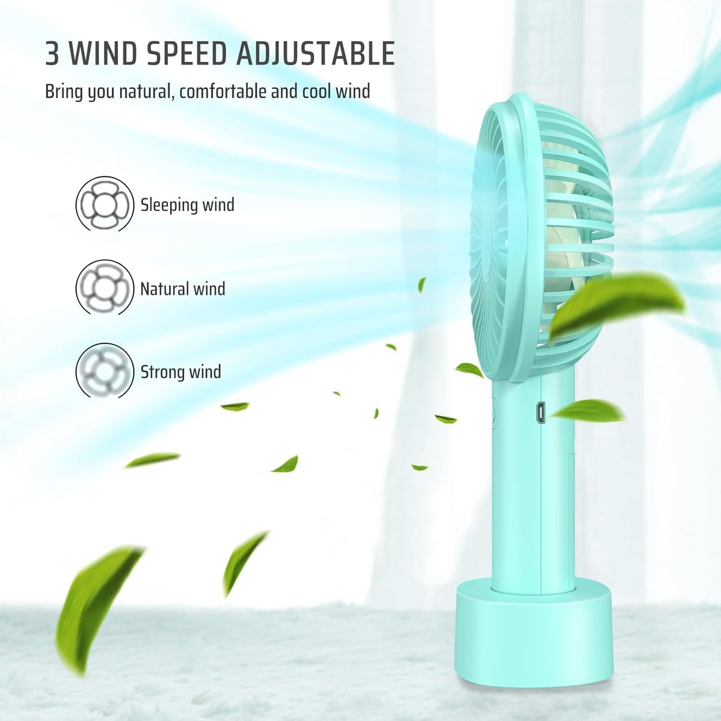 Mini Handheld Portable Fan with USB Rechargeable Battery 2600 mAh, Personal Desk Electric Cooling Fan 3 Speeds with Base, Fit for Home Sport Travel Office Room Table Outdoor School