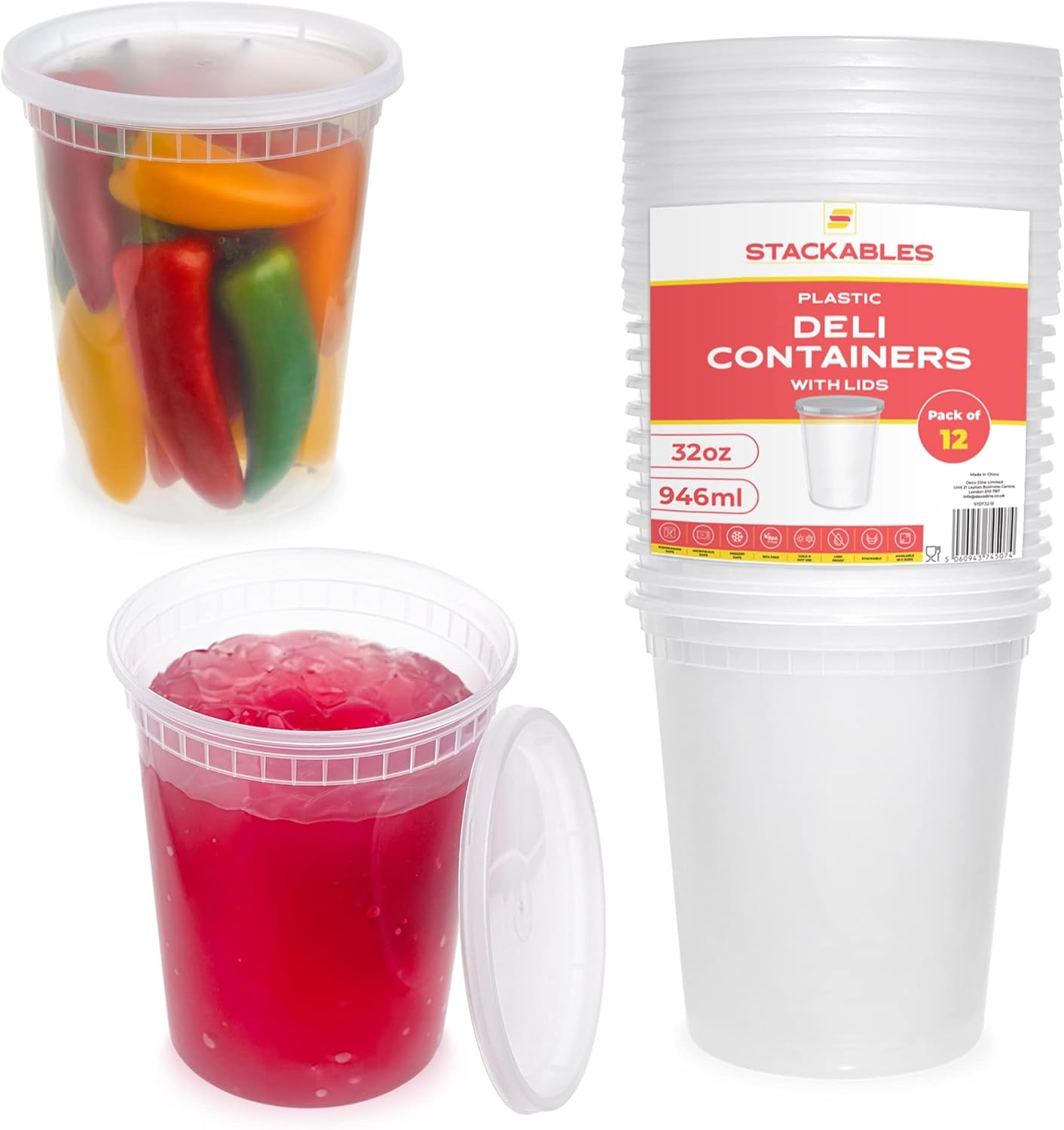 Pack of 20 Round Food Storage Soup Containers Plastic Deli Container Set with Lids Reusable Takeaway Meal - BPA Free