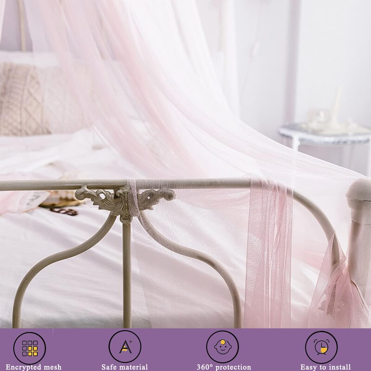 Mosquito Mesh Net Large Dome Hanging Canopy for Girls With Round Lace for Punch-free Installation - Single to Double Bed - Ideal for Bedroom Decorative