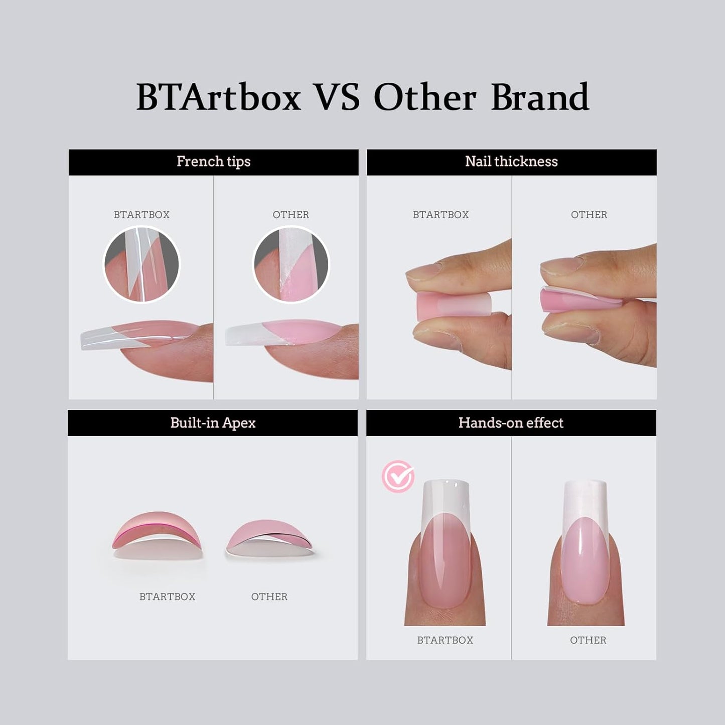 French Tip False Nails - XCOATTIPS Long Square Nail Tips, Nude Press on Nails, Pre-applied Tip Primer & Base Coat Cover