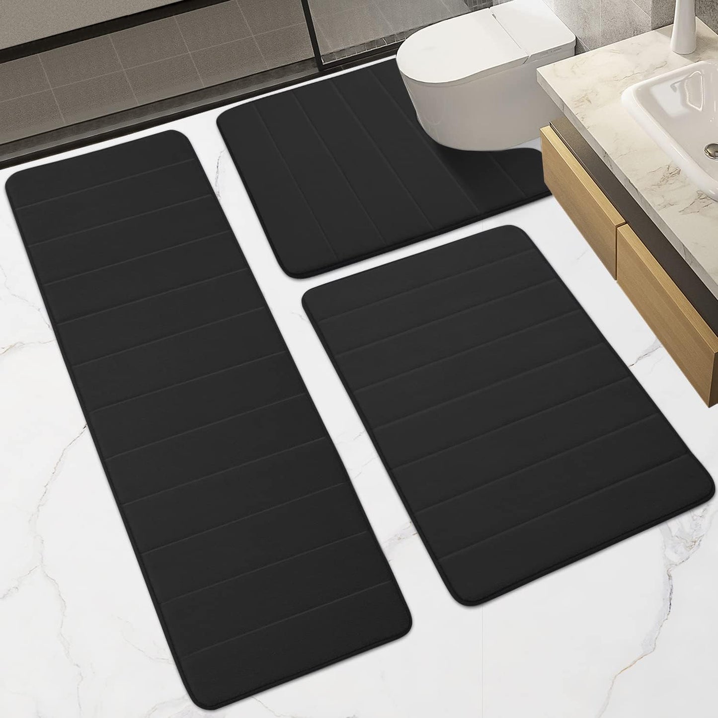 Bath Mat Set Ultra Soft Non Slip Memory Foam 3 Piece Bathroom Rug Super Absorbent Floor Mat Machine Wash Toilet Mat for Bathroom, Bedroom,Living Room (Black, 60 * 80+U60*60+43 * 120cm)