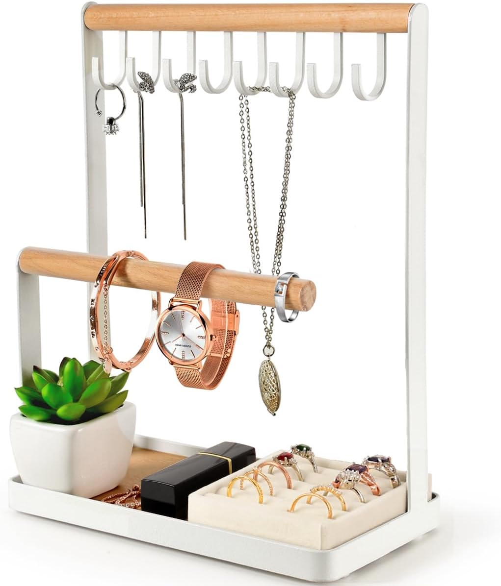 Jewelry Stand Holder, 3-Tier Necklace Hanging Wooden Ring Organizer Earring Tray, 8 Hooks Storage Necklaces, Bracelets, Rings and Watches on Desk Tabletop