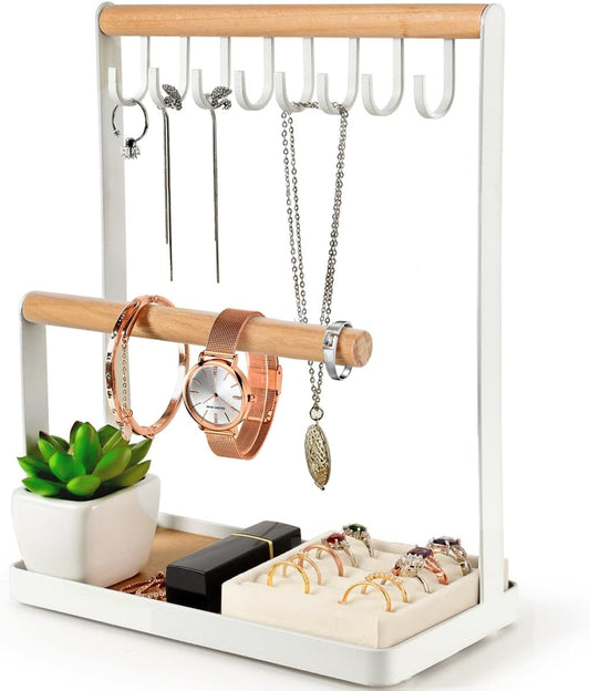 Jewelry Stand Holder, 3-Tier Necklace Hanging Wooden Ring Organizer Earring Tray, 8 Hooks Storage Necklaces, Bracelets, Rings and Watches on Desk Tabletop