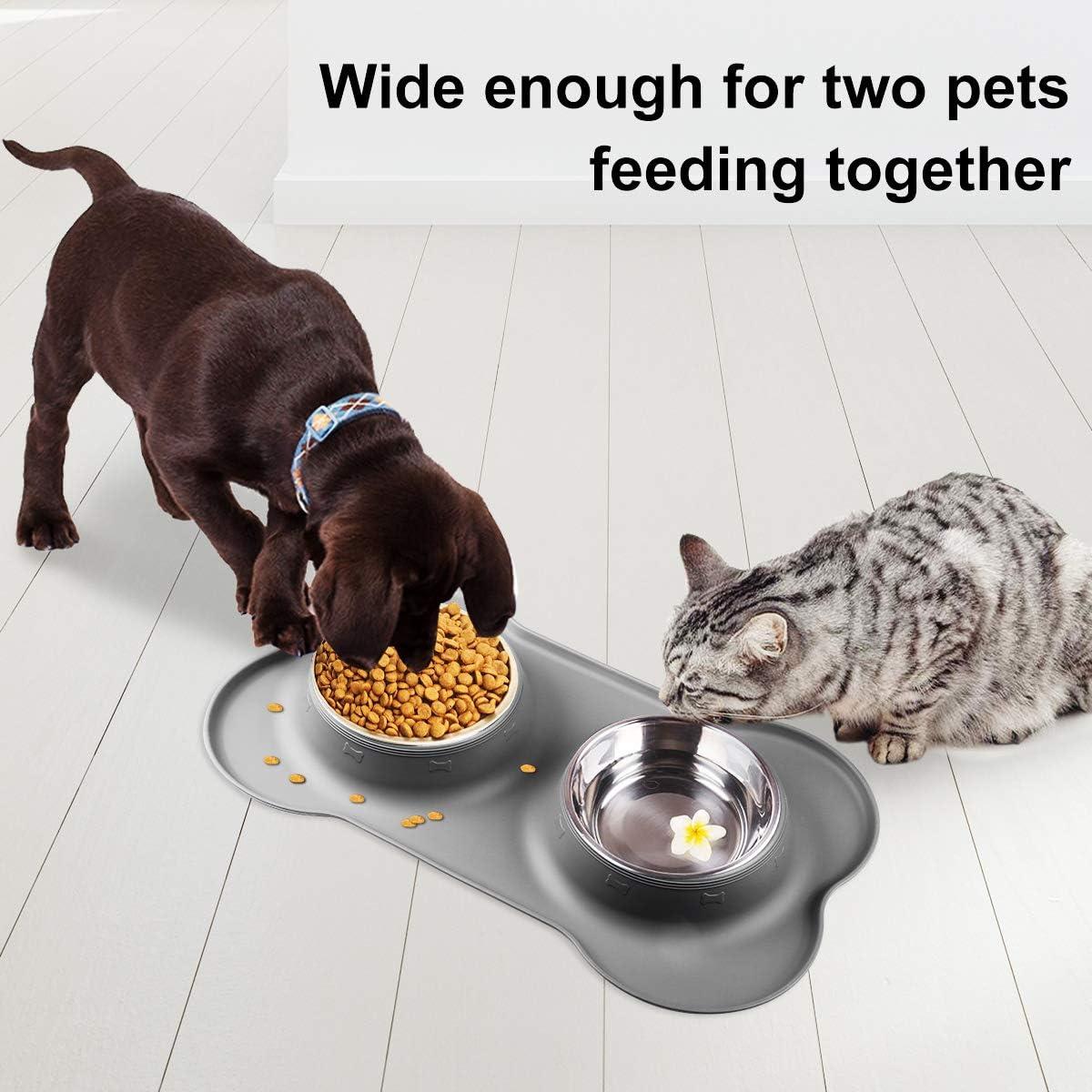 Double Dog Bowls- Stainless Steel 350ml/Bowl Puppy Water and Food Bowl with Non-skid Anti-overflow Silicon Tray Mat for Puppy Dogs, With Pet Food Shovel