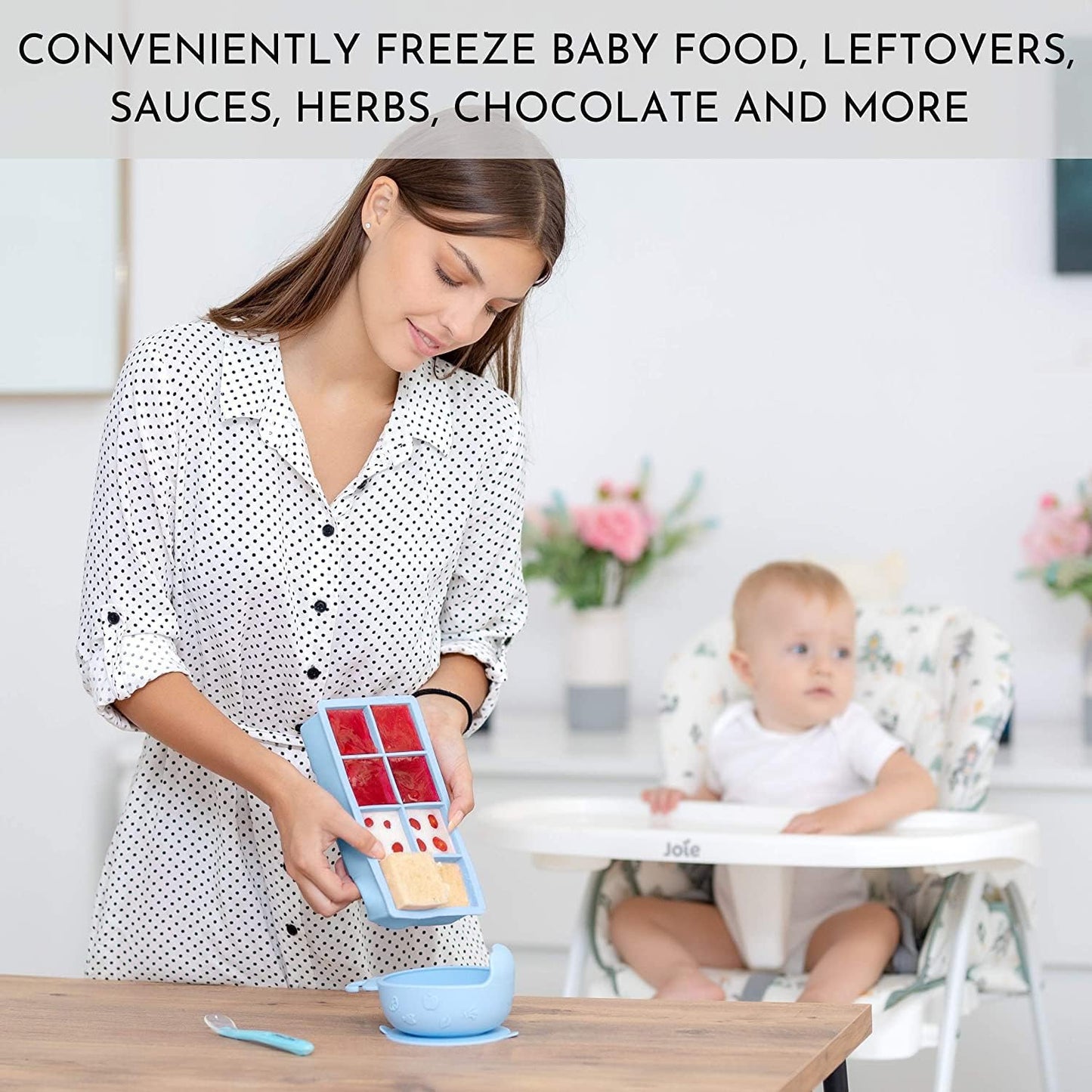 Silicone Freezer Containers - Large Ice Cube Tray with Lids Set of 2 - BPA Free - 16 Moulds for Baby Purees, Ice, Soup, Cocktails