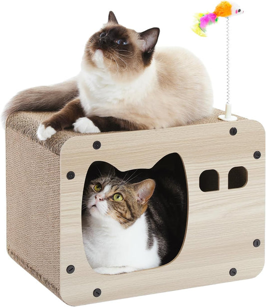 Cat Scratching Post Cat Cardboard House Cat Scratcher Board Cardboard Corrugated 2 in 1 All Sided Use Scratching Pad with Spring Mouse Toy