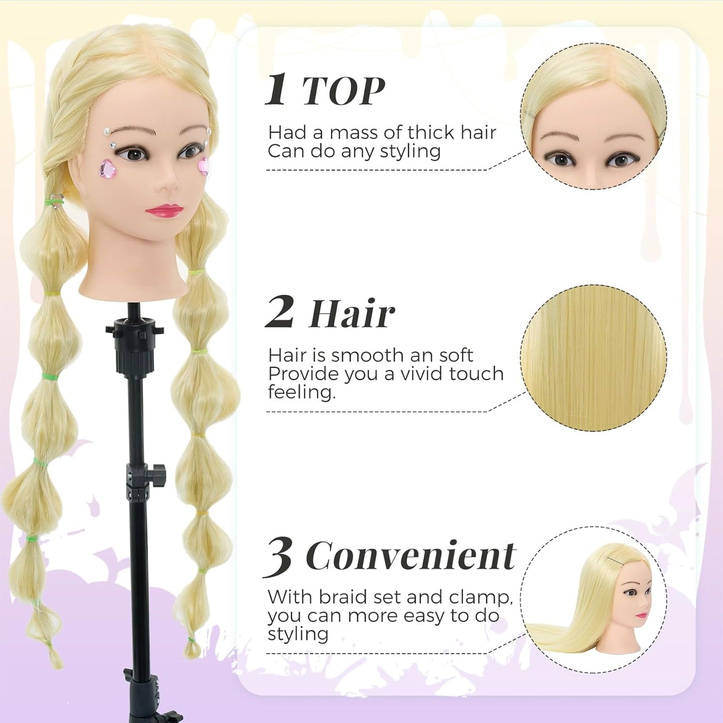 Synthetic Fiber Hair Training Head Hairdressing Practice Mannequin Manikin with Clamp + Hair Styling Braid Accessoires Set