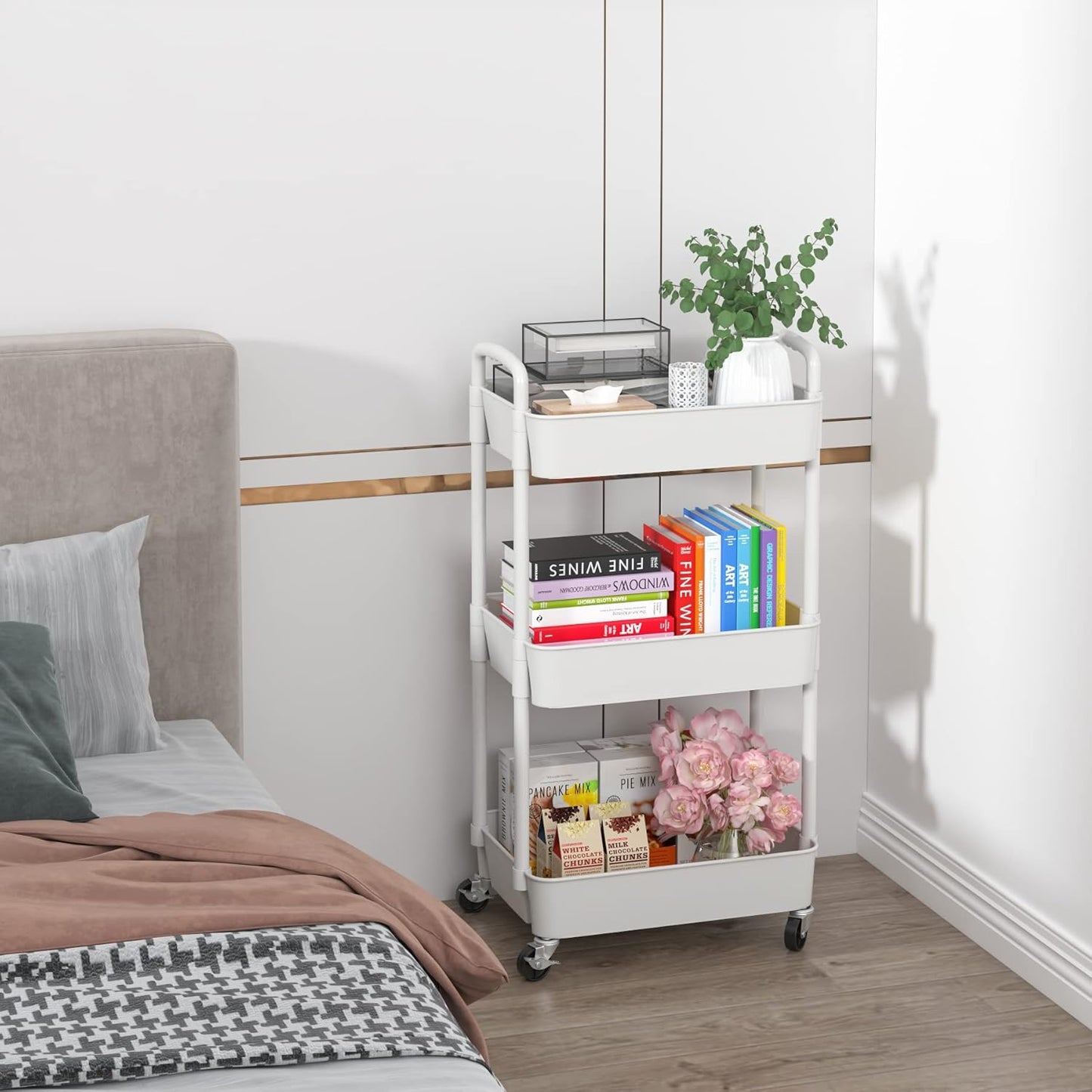 3-tier Storage Rack on Wheels, Kitchen & Office Utility Cart, Rolling Rack for Bedroom & Bathroom, White