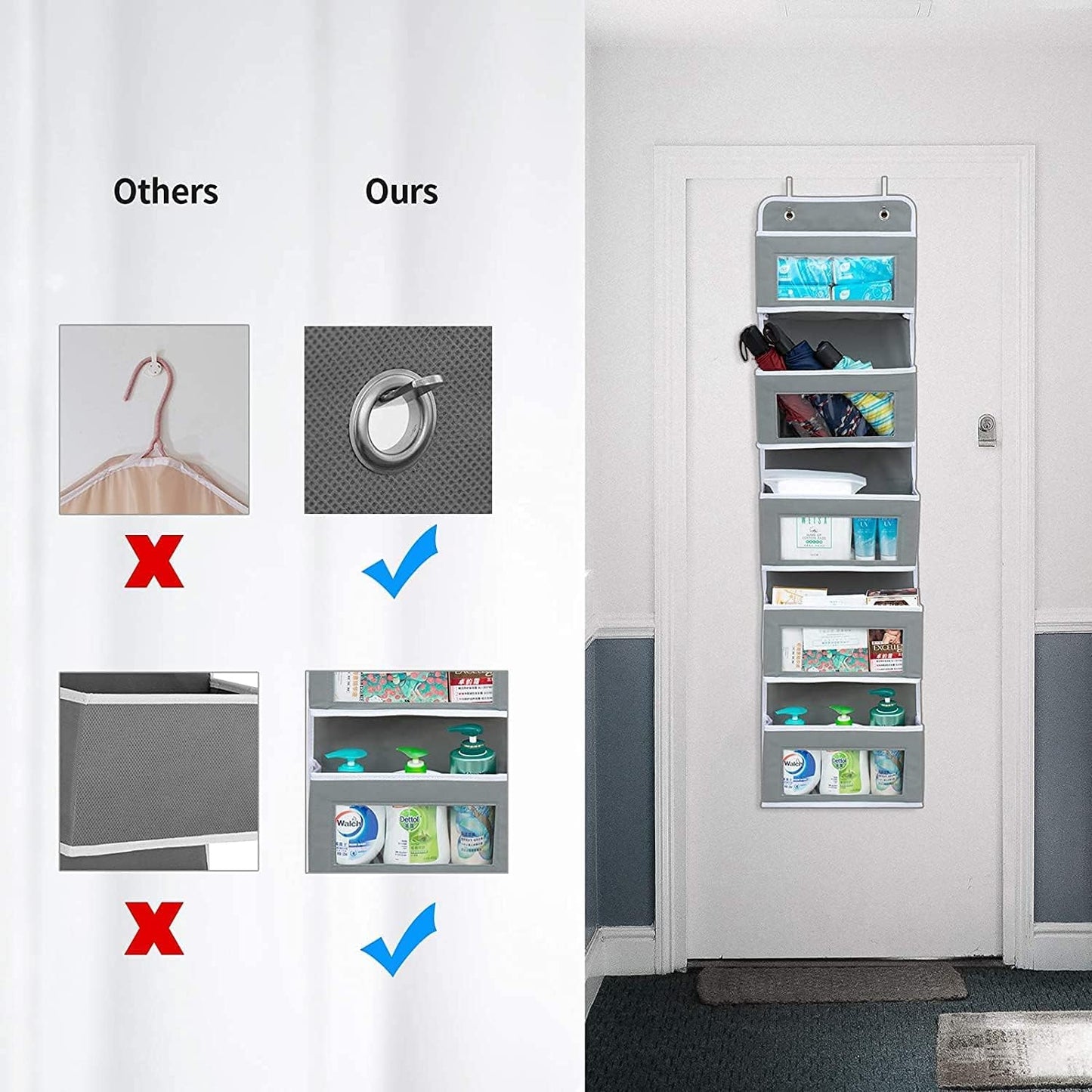 Over Door Storage Hanging Organiser - 5 Clear Window Pockets Organizer For Toys, Wallets And Towels, Grey