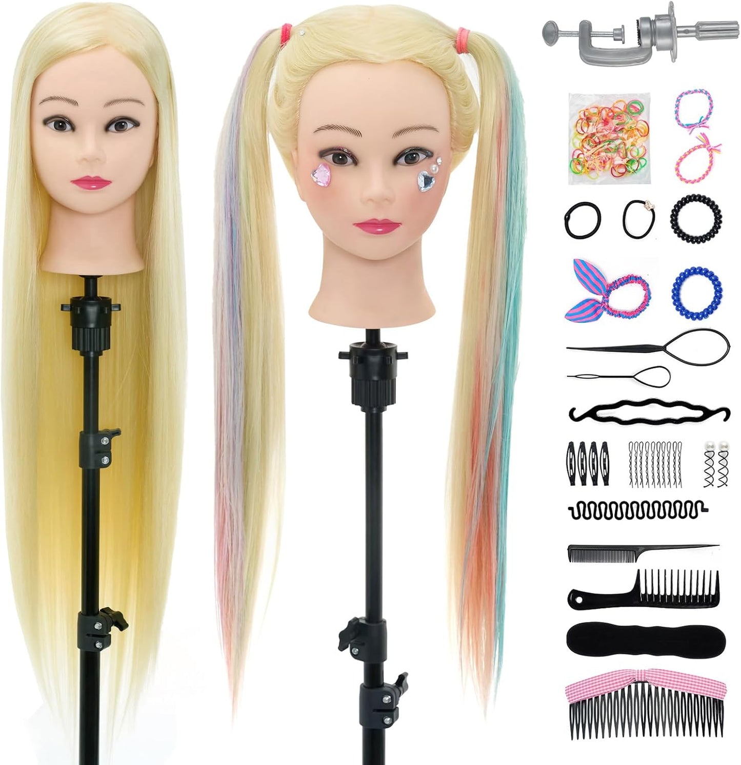 Synthetic Fiber Hair Training Head Hairdressing Practice Mannequin Manikin with Clamp + Hair Styling Braid Accessoires Set